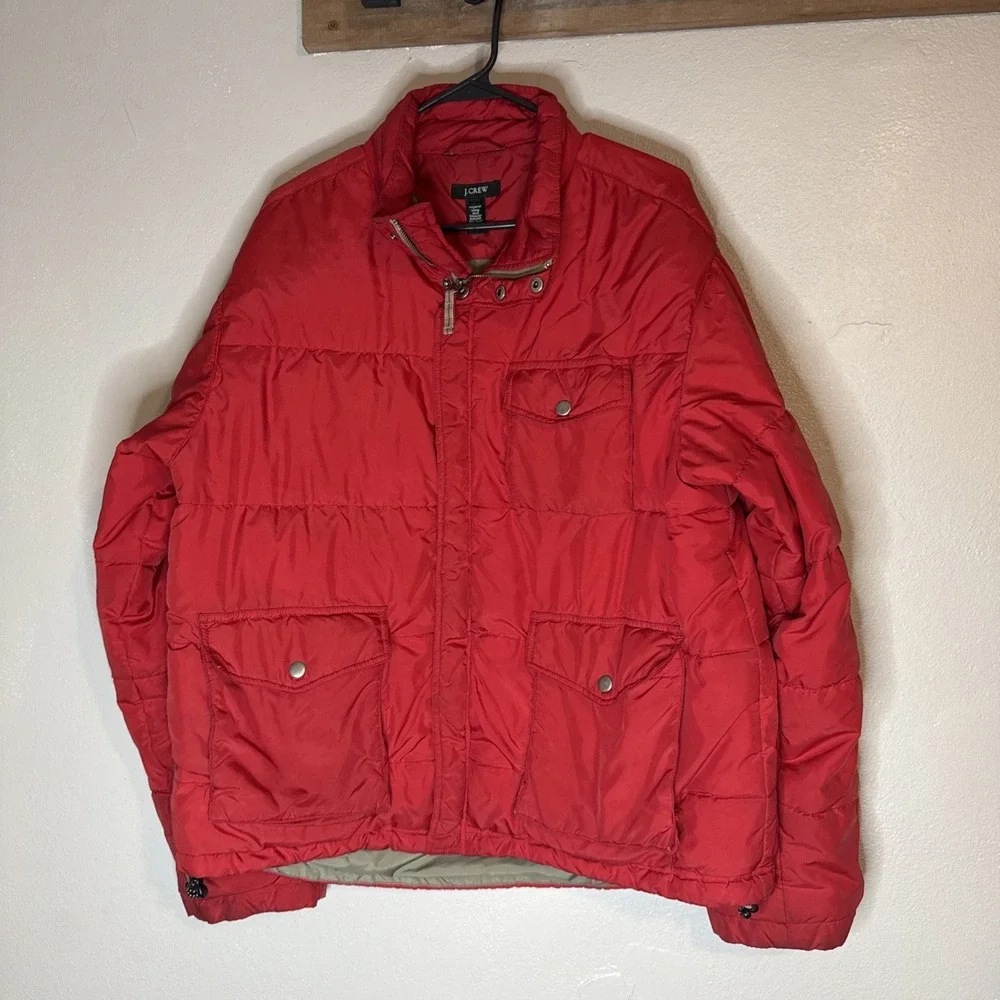 J Crew Puffer Jacket Quilted‎ Men's Large Red Snap Pocket Zip Front Winter Warm